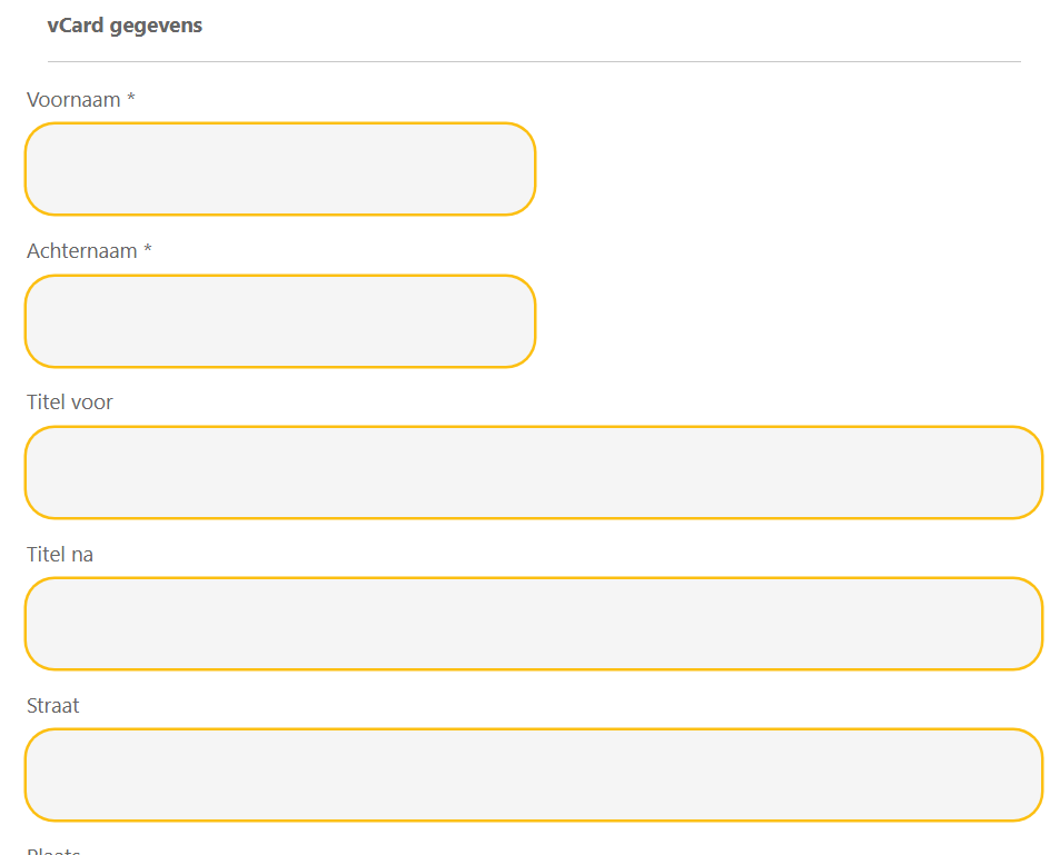 Screenshot of a website where 5 yellow bars are visible. First one is for first name, second for last name, then for title before, title after, and address.