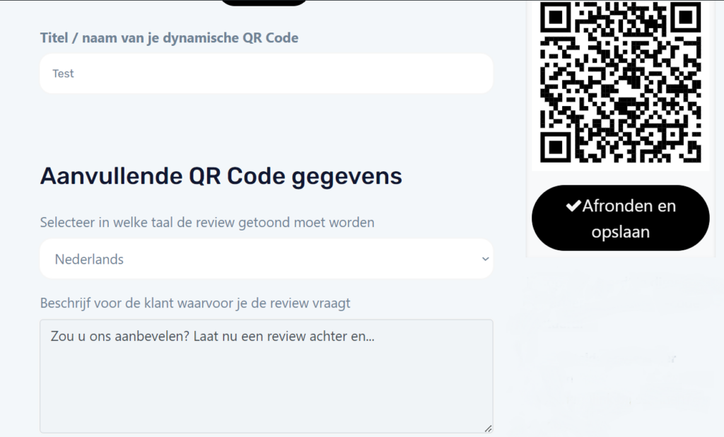 screenshot aanmaakscherm gratisqrcode.nl, waar de review QR code wordt aangemaakt. De gegevens worden hier ingetypt en er staat een conceptversie aan de rechterkant.