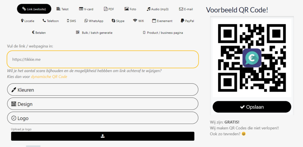 Dit is de aanmaak pagina voor qr code op gratisqrcode.nl Uit 13 verschillende typen is het type 'link' gekozen. Er staat een balk met een link naar tikkie. Ook is er een voorbeeld qr code in beeld.