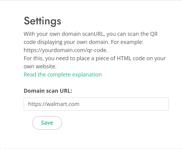 Screenshot of account page, where the settings for the scan URL can be set.