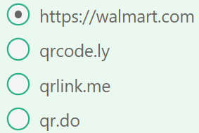 Close screenshot of the 4 scan URL options. The first being http://walmart.com, and the latter 3 are the standard scan URL options.