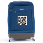 Blue suitcase with a QR-code pasted on top