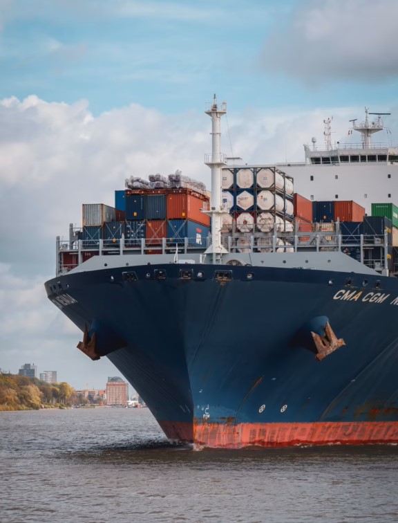 Image of container ship approaching a harbor