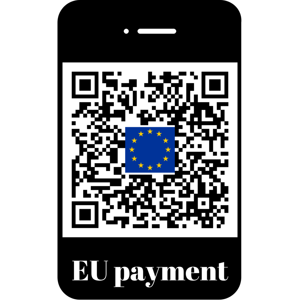 QR code shown in an Iphone frame. The QR code is accompanied with the text "EU payment". In the centre of the QR code the EU flag is depicted.