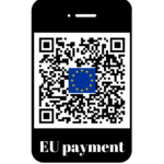 QR code shown in an Iphone frame. The QR code is accompanied with the text "EU payment". In the centre of the QR code the EU flag is depicted.