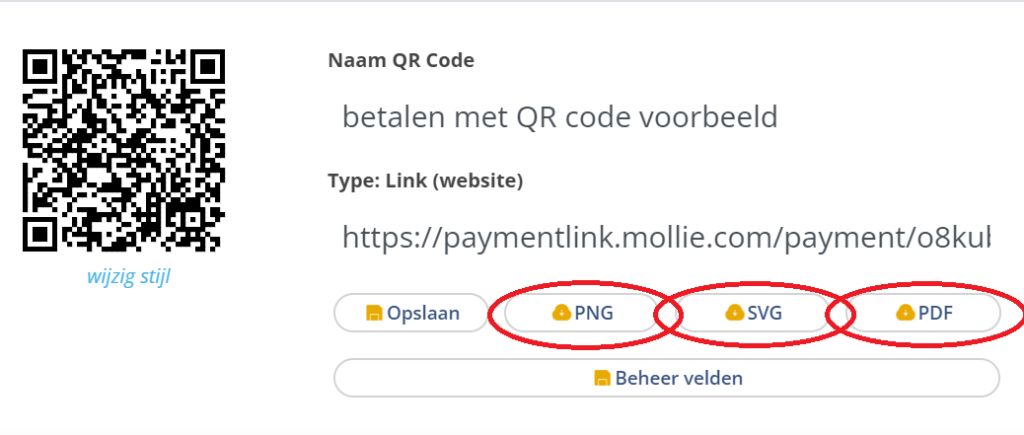 Screenshot van QR code menu. Hierin zijn de knoppen ' PNG', ' SVG', en 'PDF' rood omcirkeld.