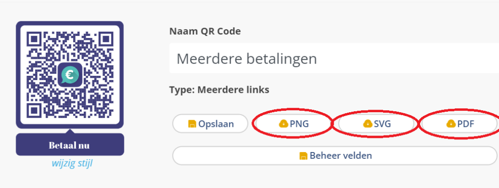 Screenshot van QR code menu. Hierin zijn de knoppen ' PNG', ' SVG', en 'PDF' rood omcirkeld.