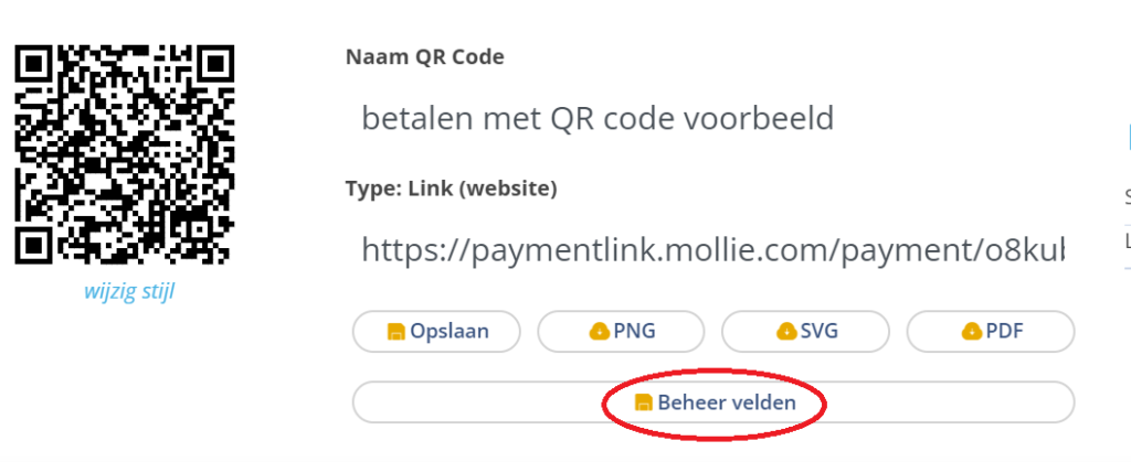 Screenshot van QR code menu. Hier is het knopje 'beheer velden' rood omcirkeld.