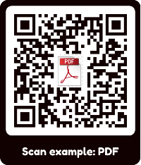 Een afbeelding van een QR code met in het midden een PDF icoon. Aan de onderkant staat de tekst 'Scan example: PDF'.